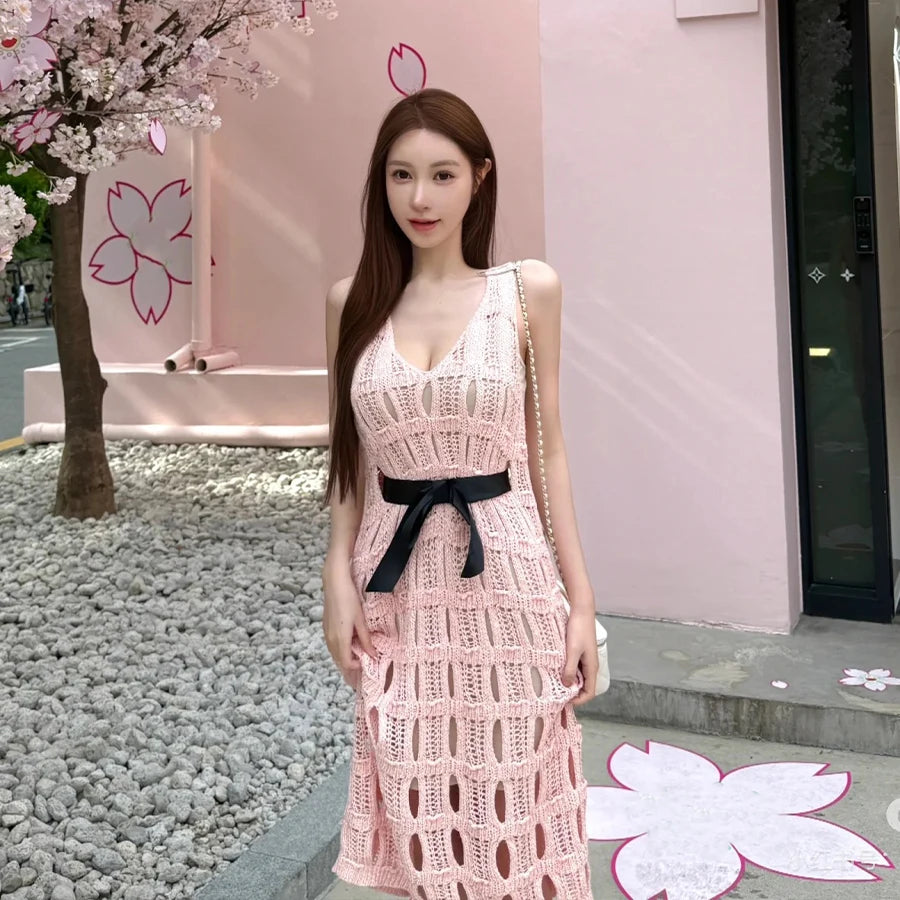 NIGO Women's Spring/Summer V-neck Bow Strap Solid Color Hollow Cotton Sleeveless Dresses #hz1115