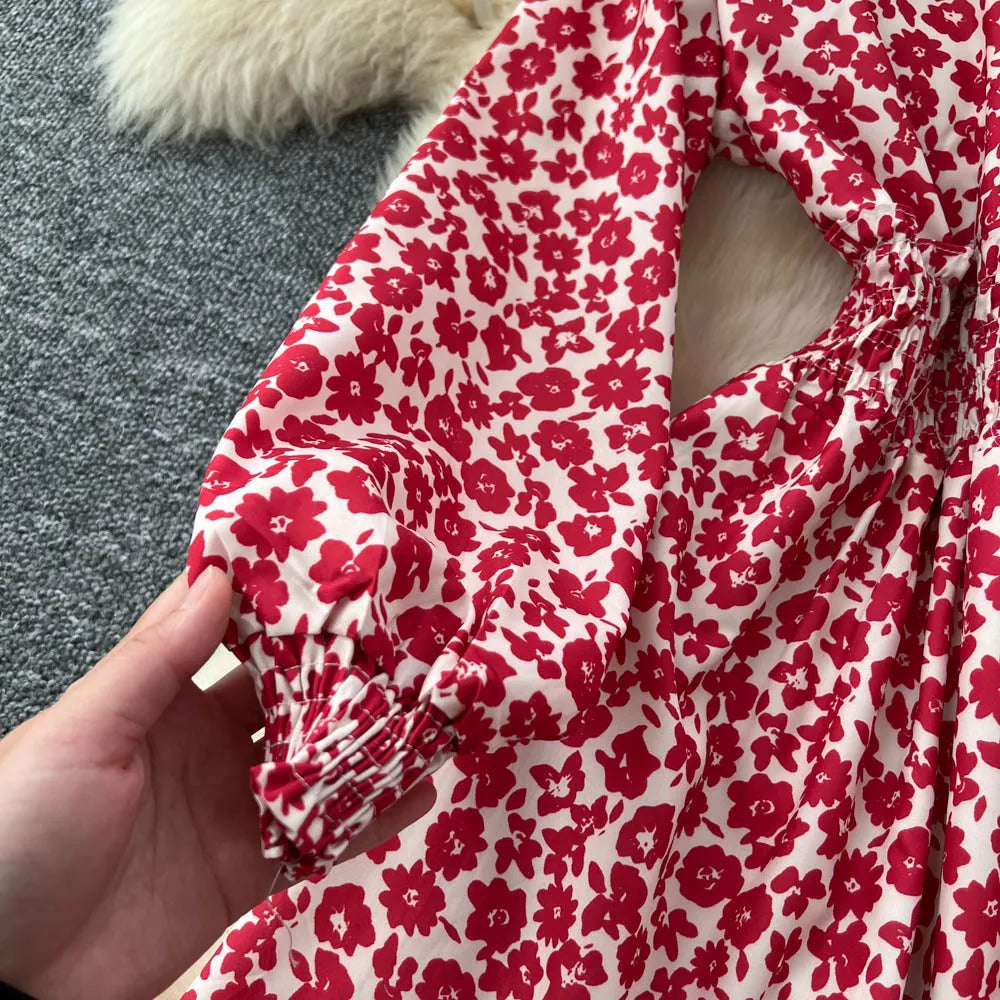 Chic vintage lantern sleeve print long sleeve slim Fairy korean fashion dress women clothing dress