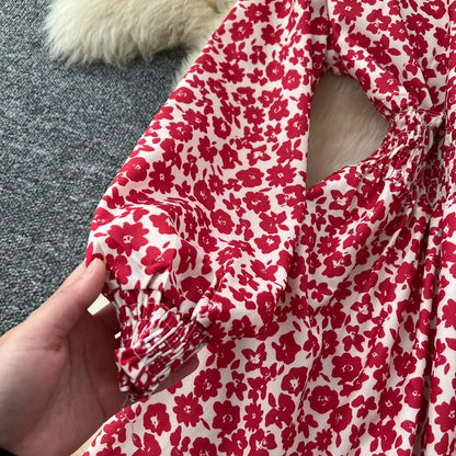 Chic vintage lantern sleeve print long sleeve slim Fairy korean fashion dress women clothing dress