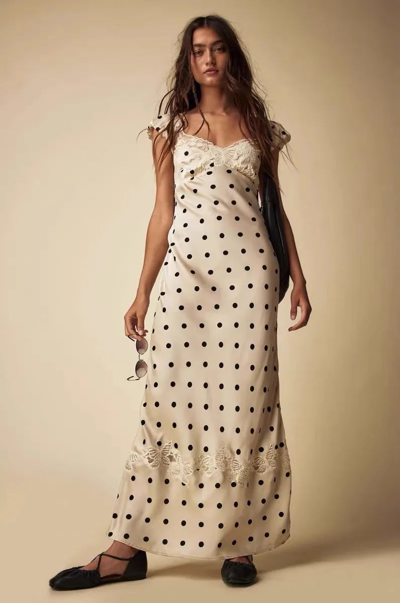 Absobe French Lace Patchwork Satin Polka Dot A-Line Maxi Dress For Women Elegant Backless Long Gown Chic Birthday Party Outfit