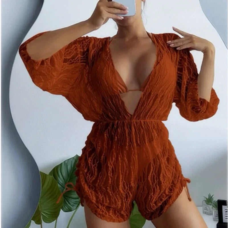 Sexy Print Bikini Set Three Piece Swimming Suits Bathing Suit Woman Beachwear High Waist Drawstring Swimsuit Women Swimwear