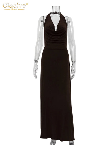 Clacive Sexy Slim Brown Womens Dresses Summer Bodycon Sleeveless Backless Maxi Dress Elegant High Waist Backless Female Dress