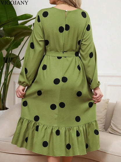 Vigojany 2025 Spring Ruffle Dot Print Plus Size Dress Autumn Long Sleeve Large Big Dress Casual O Neck Chubby Curvy Dresses