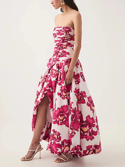 Sexy Strapless Printed Split Deign Long Bubble Dress Women Sleeveless Backless High Waist Patchwork Folds Dresses Evening Party