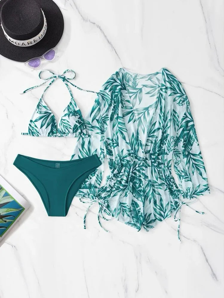 Sexy Print Bikini Set Three Piece Swimming Suits Bathing Suit Woman Beachwear High Waist Drawstring Swimsuit Women Swimwear