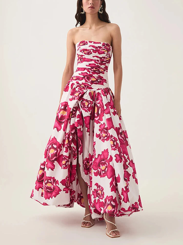 Sexy Strapless Printed Split Deign Long Bubble Dress Women Sleeveless Backless High Waist Patchwork Folds Dresses Evening Party
