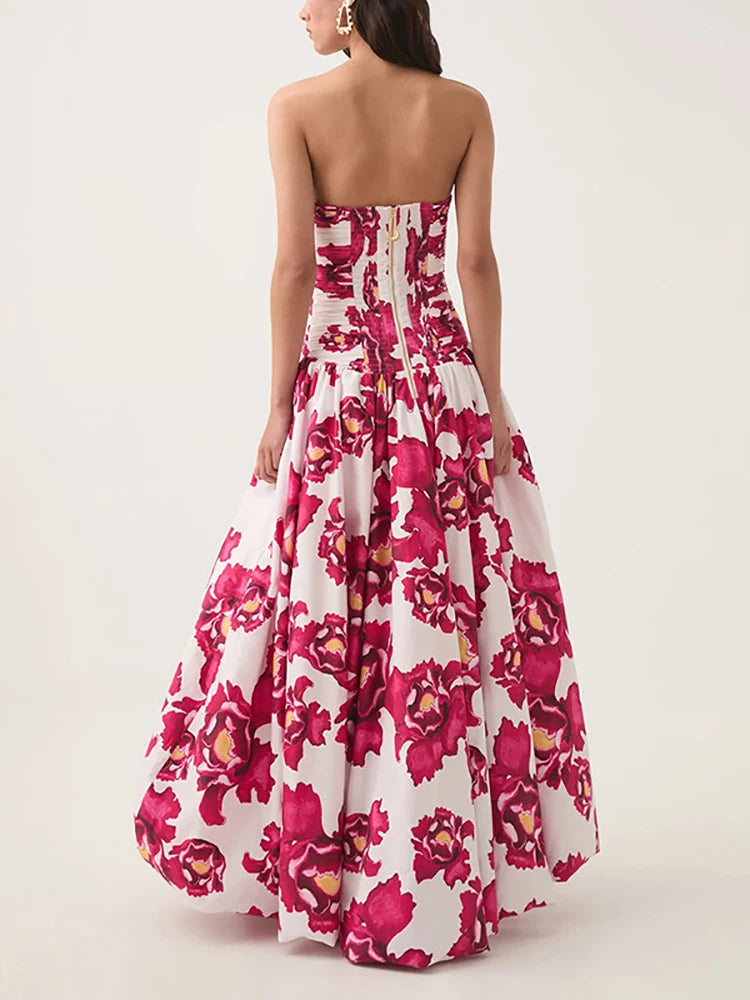 Sexy Strapless Printed Split Deign Long Bubble Dress Women Sleeveless Backless High Waist Patchwork Folds Dresses Evening Party