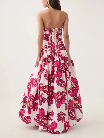 Sexy Strapless Printed Split Deign Long Bubble Dress Women Sleeveless Backless High Waist Patchwork Folds Dresses Evening Party