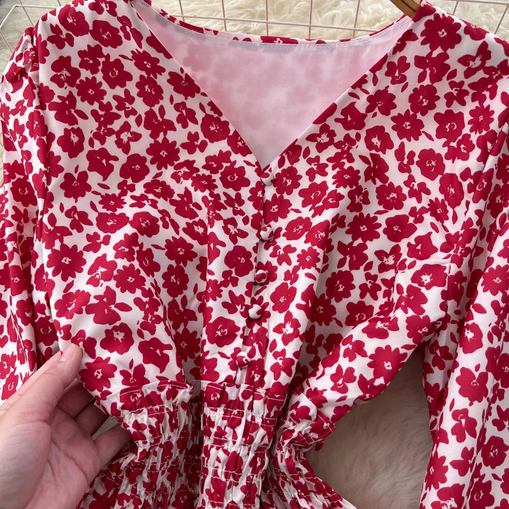 Chic vintage lantern sleeve print long sleeve slim Fairy korean fashion dress women clothing dress