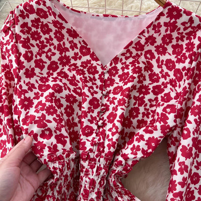 Chic vintage lantern sleeve print long sleeve slim Fairy korean fashion dress women clothing dress