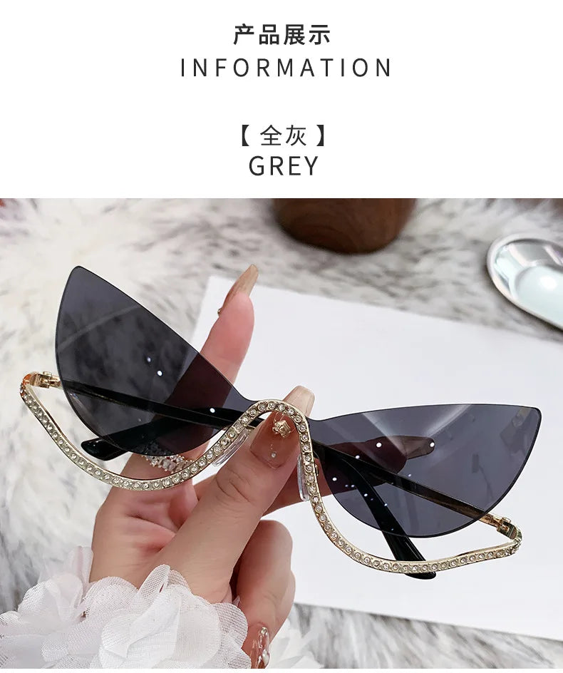 Retro Rhinestone Cat Eye Rimless Punk Sunglasses Women 2025 Luxury Brand Vintage Metal Frameless Sun Glasses Travelling Shades