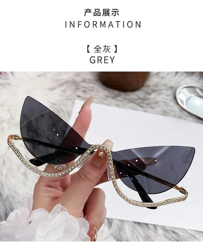 Retro Rhinestone Cat Eye Rimless Punk Sunglasses Women 2025 Luxury Brand Vintage Metal Frameless Sun Glasses Travelling Shades