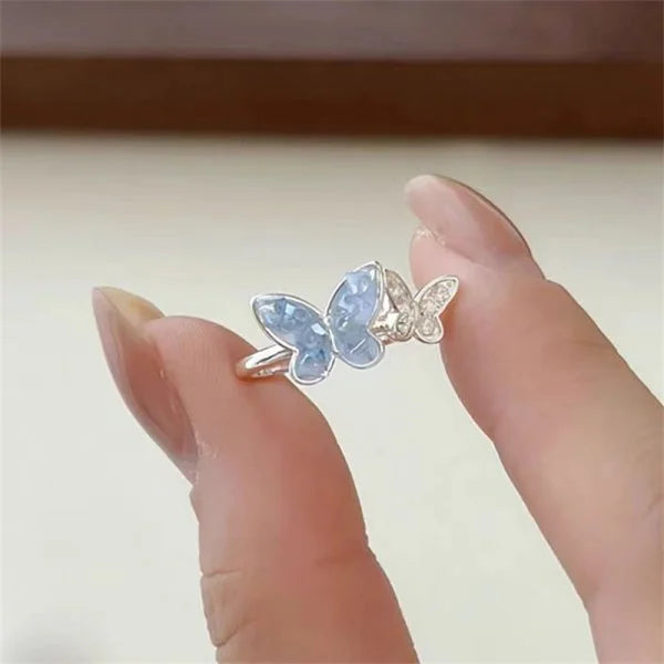 Fashion Silver Color Crystal Butterfly Jewelry Set Adjustable Bracelet Earrings Necklace Ring for Women Handmade New Year Gift