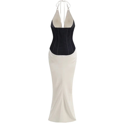 Celebrity Women's Photography Party Evening Gown Corset - style Top Backless Sexy Halter Neck Contrasting Color Long Dress