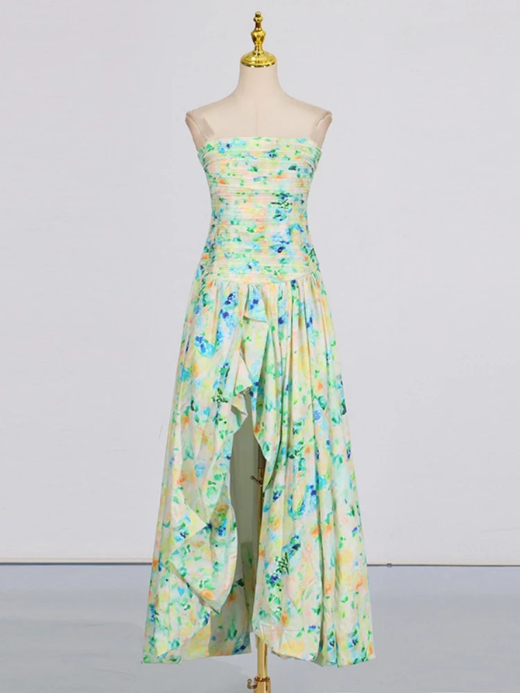 Sexy Strapless Printed Split Deign Long Bubble Dress Women Sleeveless Backless High Waist Patchwork Folds Dresses Evening Party