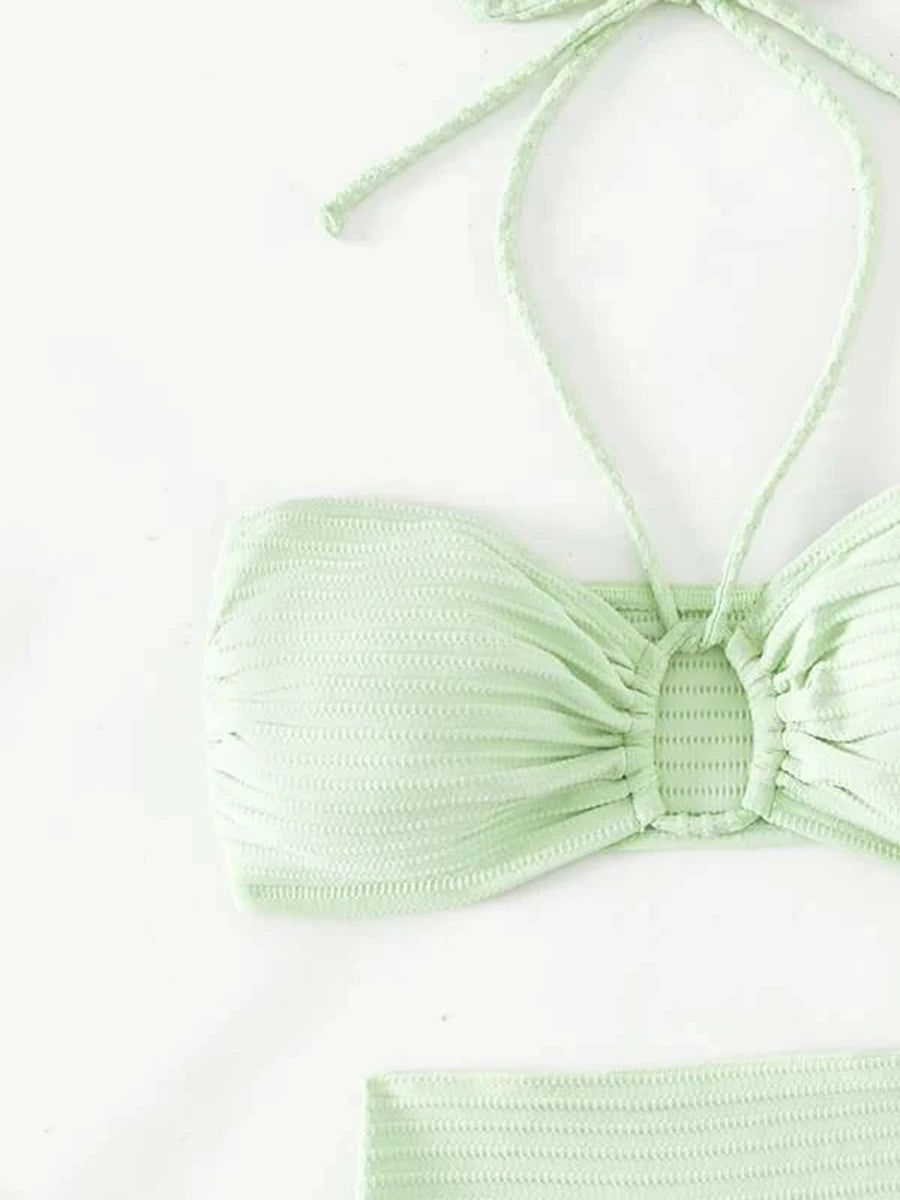 2025 Solid Halter String 3 Piece Bikini String Skirt Swimsuit Women Swimwear Female Bather Bathing Swimming Swim Suit Beachwear