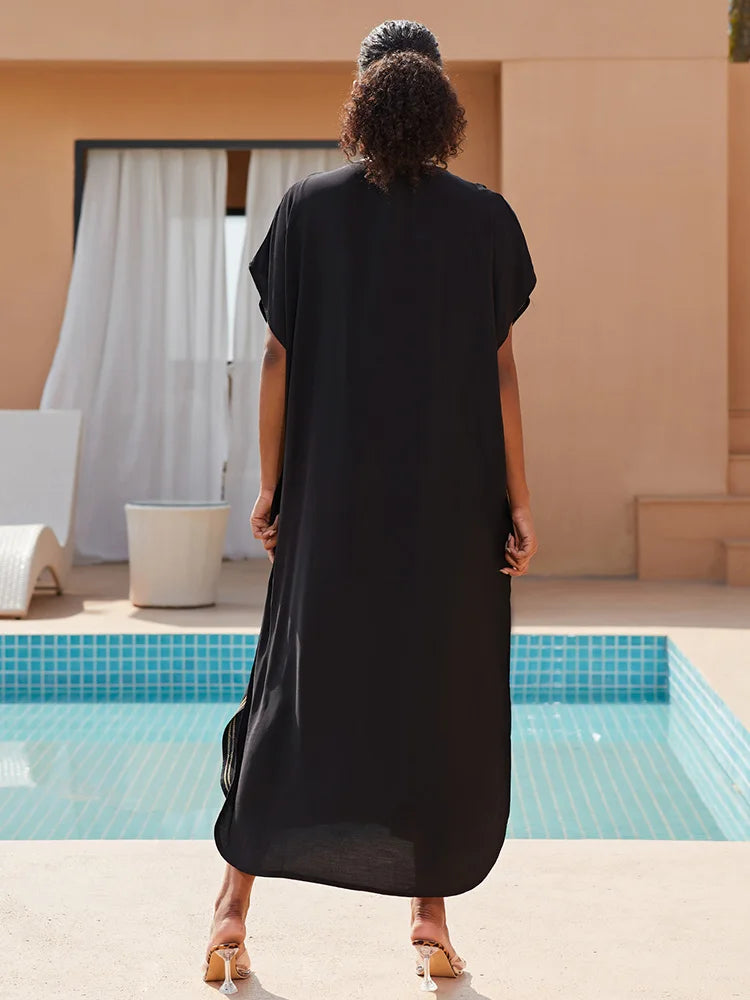 2024 Vintage Embroidery Kaftan Sexy V-neck Batwing Sleeve High Waist Maxi Dress Tunic Women Clothing Summer Beach Dresses Q660