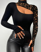 Sexy TeeContrast Lace Cutout Long Sleeve Top ew ashion woman shirt 2022 autumn winter spring blouses female clothing  outfits