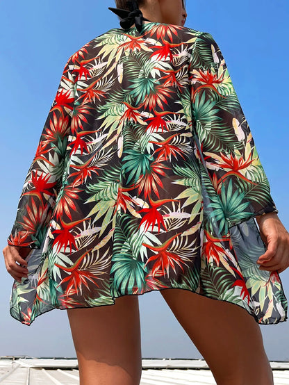 Halter Print Bikini Sets 3PCS Women Swimsuit With Kimono High Waist Swimwear Female Bathers Bathing Swimming Swim Suit Beachwear