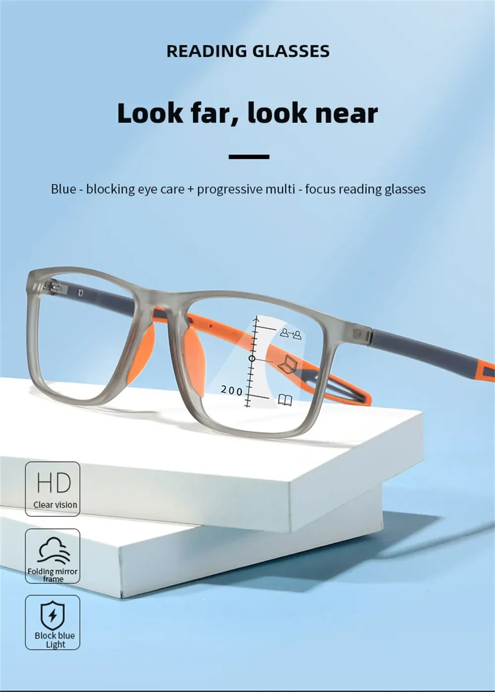 New Trendy TR90 Photochromic Multifocal Reading Glasses 3 in 1 Outdoor Bifocal Sunglasses Sports Anti Blue Near Far Eyeglasses