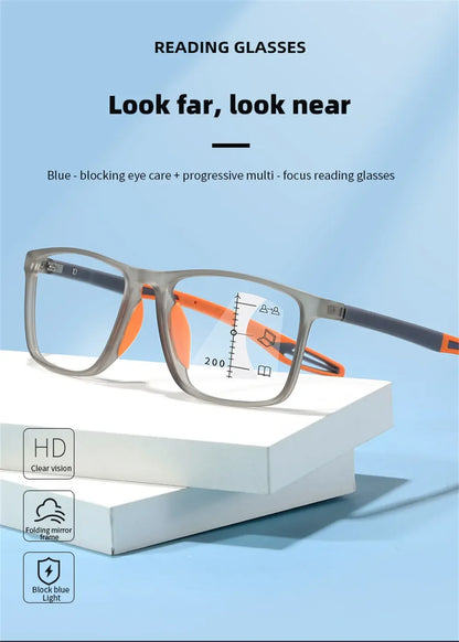 New Trendy TR90 Photochromic Multifocal Reading Glasses 3 in 1 Outdoor Bifocal Sunglasses Sports Anti Blue Near Far Eyeglasses
