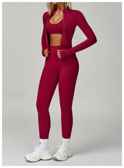 2PCS Yoga Clothing Set Women's High Waisted Leggings 3 Piece Fitness Suit Coat Jacket Exercise Wear Fitness Workout Underwear ﻿