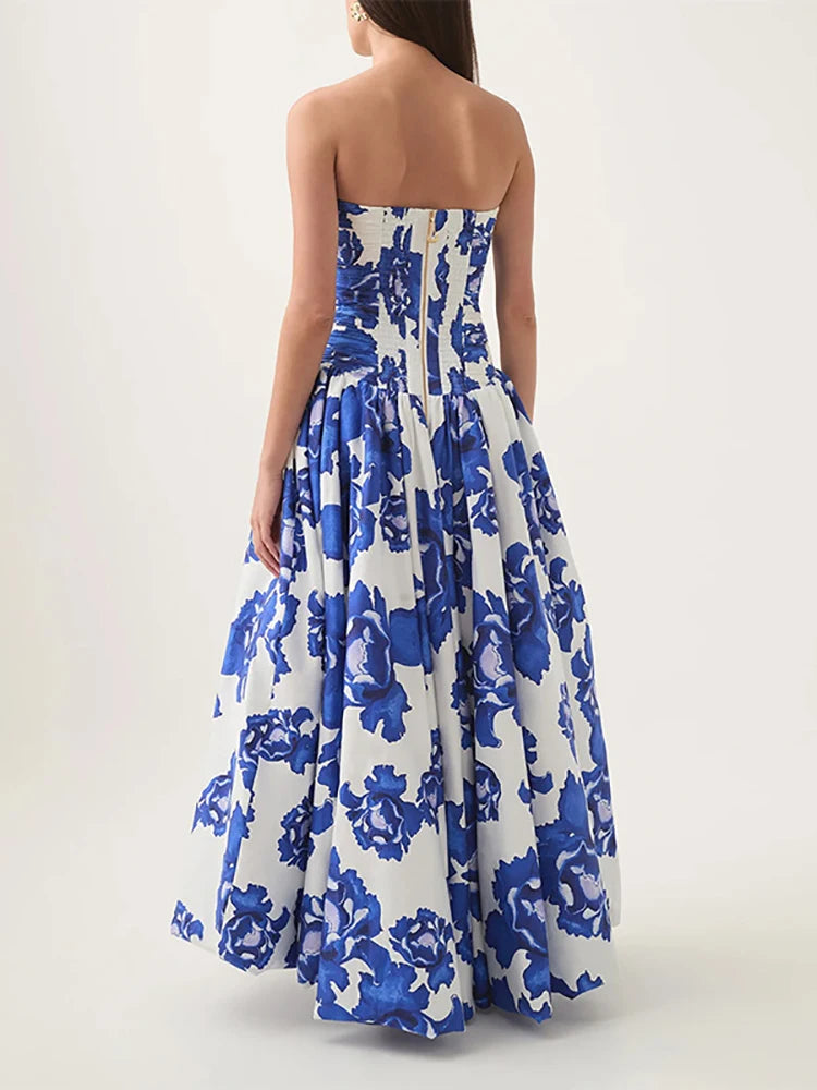 Sexy Strapless Printed Split Deign Long Bubble Dress Women Sleeveless Backless High Waist Patchwork Folds Dresses Evening Party