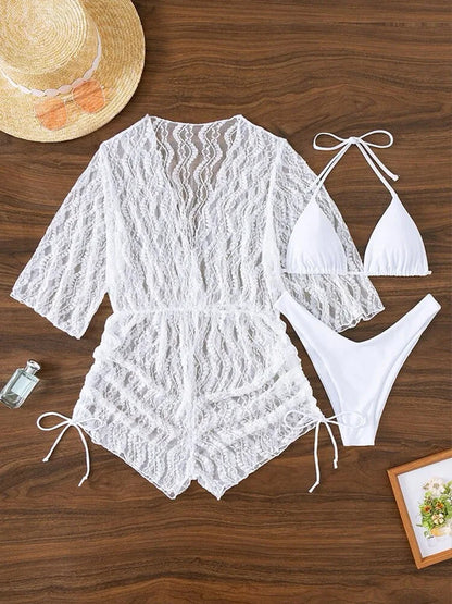 Sexy Print Bikini Set Three Piece Swimming Suits Bathing Suit Woman Beachwear High Waist Drawstring Swimsuit Women Swimwear