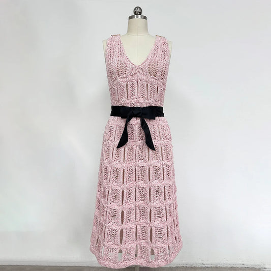 NIGO Women's Spring/Summer V-neck Bow Strap Solid Color Hollow Cotton Sleeveless Dresses #hz1115