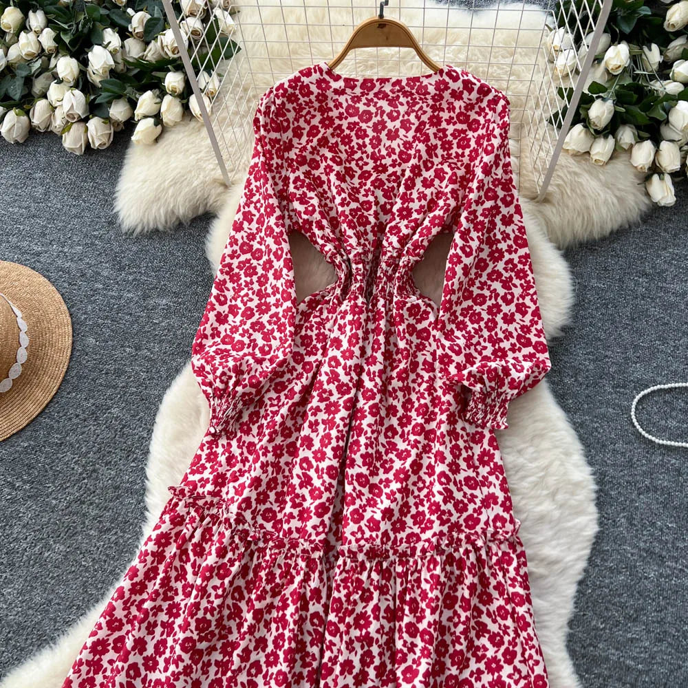 Chic vintage lantern sleeve print long sleeve slim Fairy korean fashion dress women clothing dress