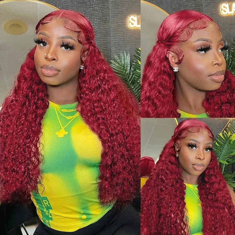 99J Burgundy 13x6 Hd Lace Frontal Human Hair Wig 30inch Red Colored Curly Wigs 13x4 Transparent Lace Water Deep Wave Frontal Wig