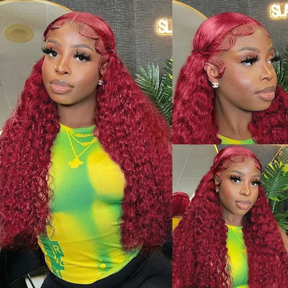 99J Burgundy 13x6 Hd Lace Frontal Human Hair Wig 30inch Red Colored Curly Wigs 13x4 Transparent Lace Water Deep Wave Frontal Wig