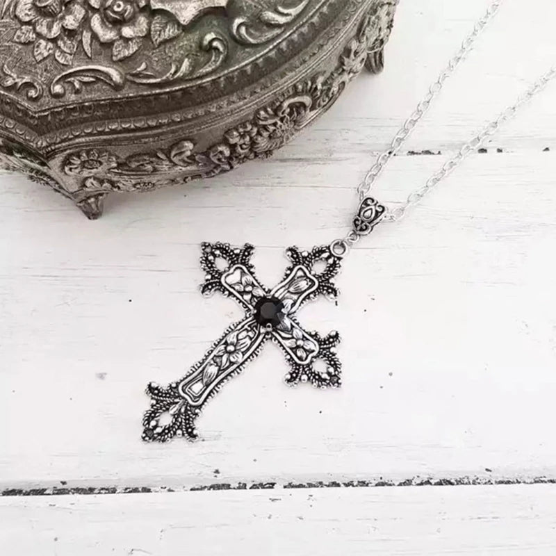 Large Detailed Cross Drill Pendant Necklace Silver Color Tone Gothic Punk Jewellery Fashion Charm Statement Women Gift