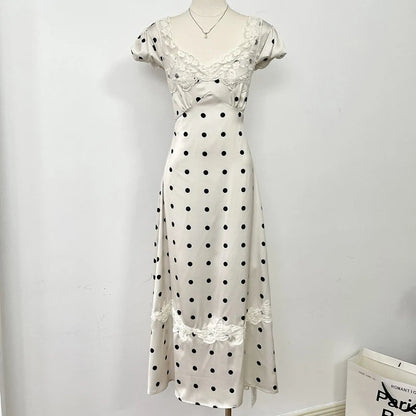 Absobe French Lace Patchwork Satin Polka Dot A-Line Maxi Dress For Women Elegant Backless Long Gown Chic Birthday Party Outfit