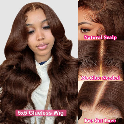 Chocolate Brown Glueless Wigs Human Hair Transparent 13x4 HD Lace Frontal Wig Ready To Wear And Go Body Wave Lace Front Wig