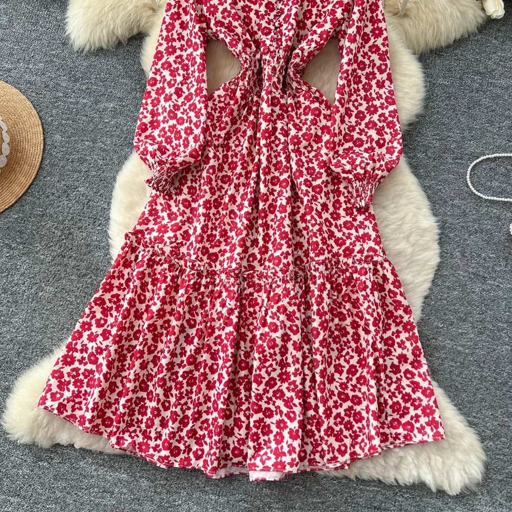 Chic vintage lantern sleeve print long sleeve slim Fairy korean fashion dress women clothing dress