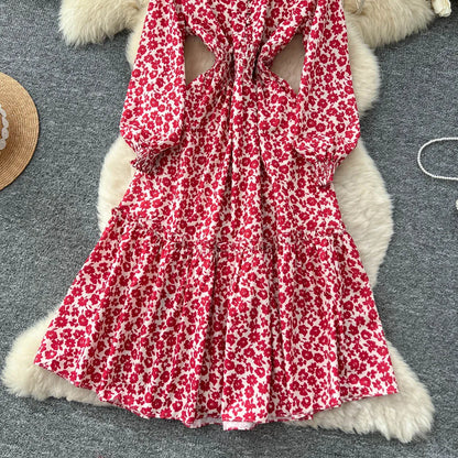 Chic vintage lantern sleeve print long sleeve slim Fairy korean fashion dress women clothing dress