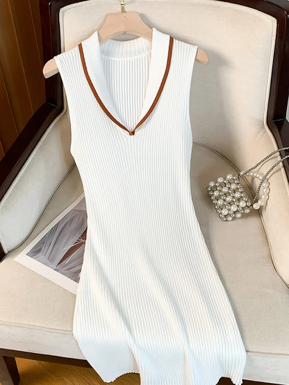 Fashionable knitted V-neck color blocked sleeveless slim fit dress for autumn and winter women's elegant temperament short skirt