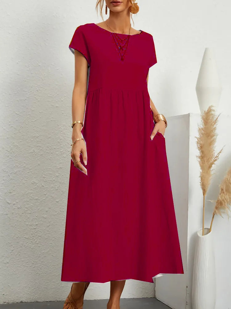 Women Vintage Solid Dress 2025 Summer Elegant O Neck Short Sleeve Cotton Linen Dresses Female Casual Loose Sundress Long Dress