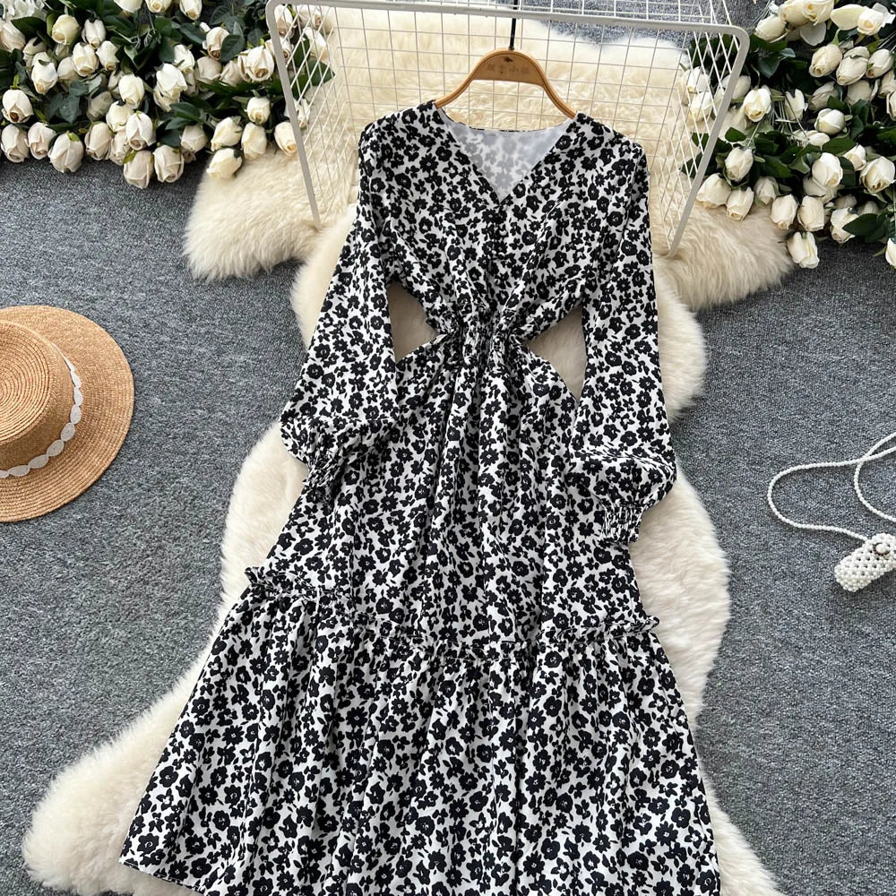 Chic vintage lantern sleeve print long sleeve slim Fairy korean fashion dress women clothing dress