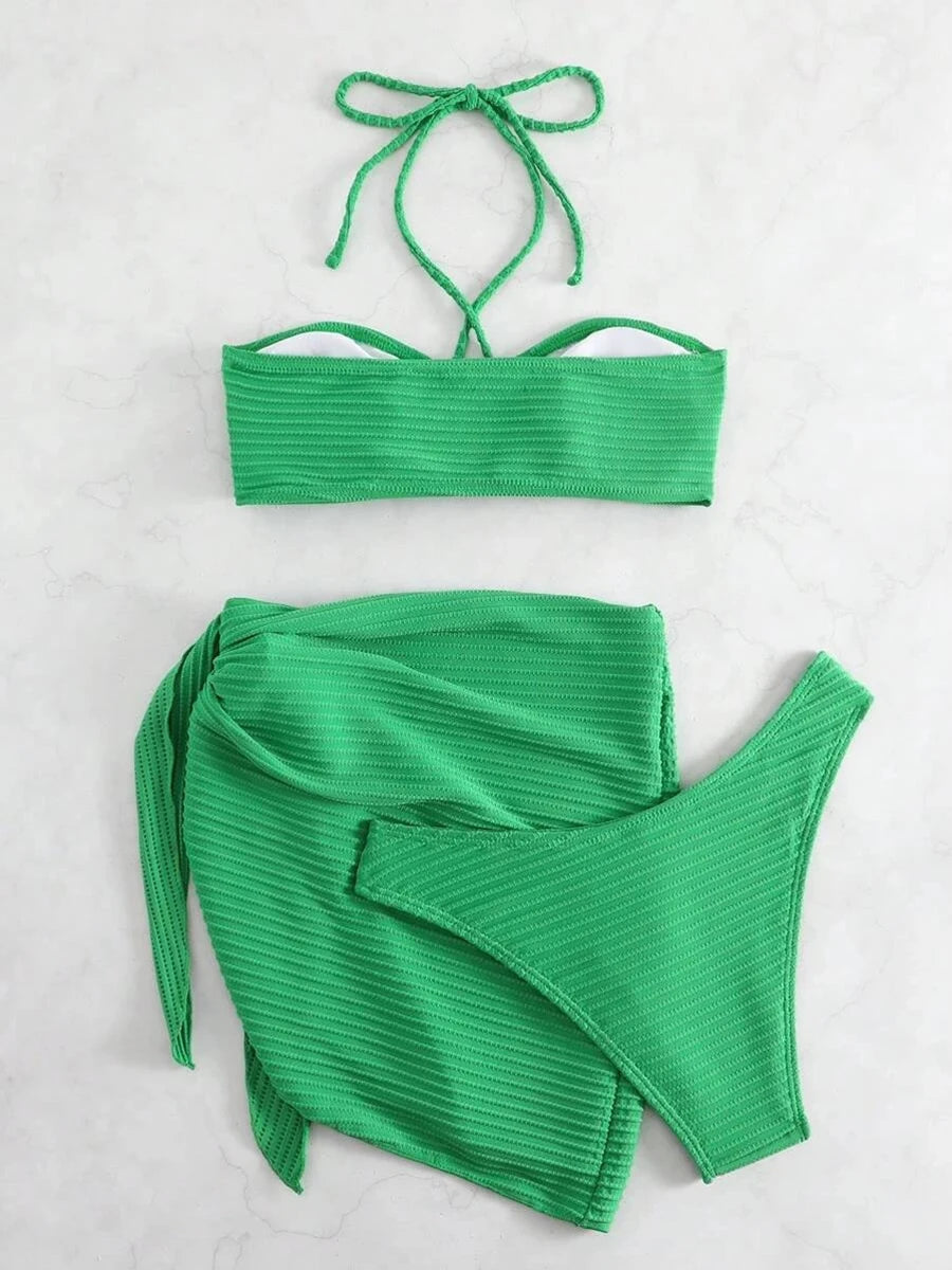 2025 Solid Halter String 3 Piece Bikini String Skirt Swimsuit Women Swimwear Female Bather Bathing Swimming Swim Suit Beachwear