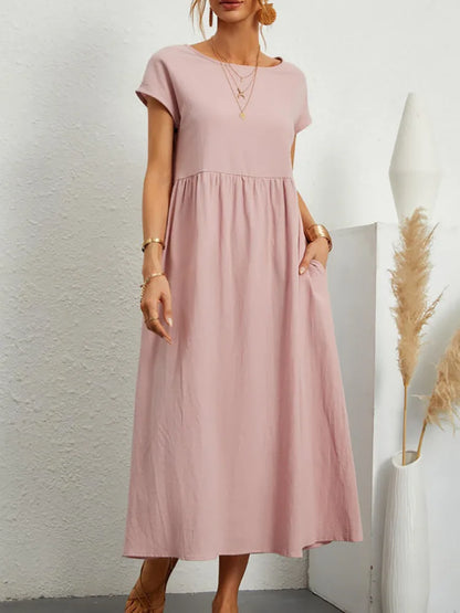 Women Vintage Solid Dress 2025 Summer Elegant O Neck Short Sleeve Cotton Linen Dresses Female Casual Loose Sundress Long Dress
