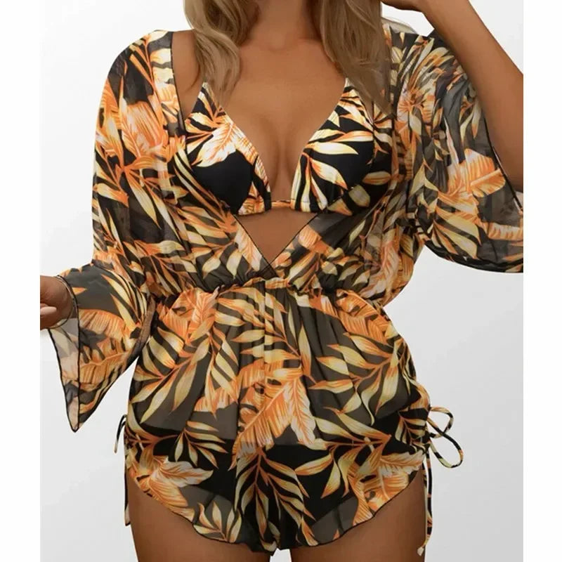 Sexy Print Bikini Set Three Piece Swimming Suits Bathing Suit Woman Beachwear High Waist Drawstring Swimsuit Women Swimwear