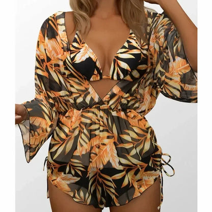 Sexy Print Bikini Set Three Piece Swimming Suits Bathing Suit Woman Beachwear High Waist Drawstring Swimsuit Women Swimwear
