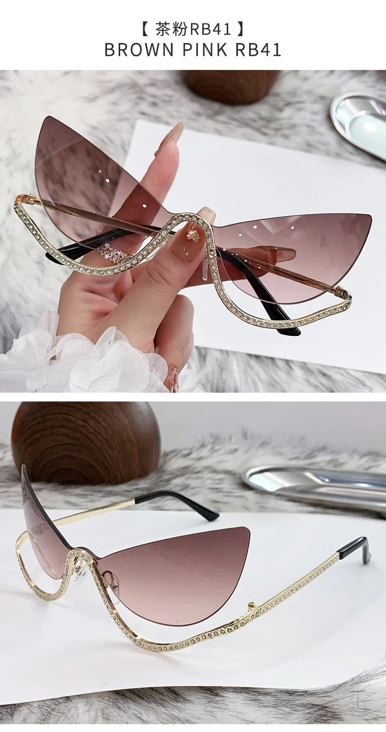 Retro Rhinestone Cat Eye Rimless Punk Sunglasses Women 2025 Luxury Brand Vintage Metal Frameless Sun Glasses Travelling Shades