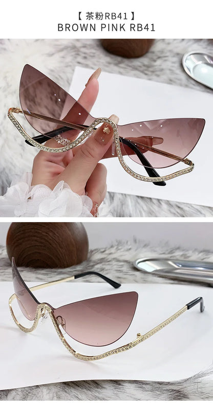 Retro Rhinestone Cat Eye Rimless Punk Sunglasses Women 2025 Luxury Brand Vintage Metal Frameless Sun Glasses Travelling Shades