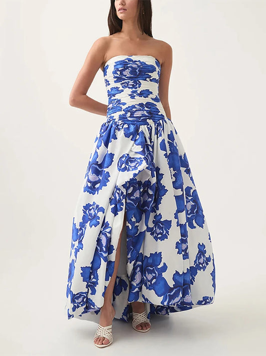 Sexy Strapless Printed Split Deign Long Bubble Dress Women Sleeveless Backless High Waist Patchwork Folds Dresses Evening Party