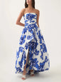 Sexy Strapless Printed Split Deign Long Bubble Dress Women Sleeveless Backless High Waist Patchwork Folds Dresses Evening Party