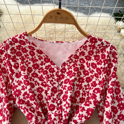 Chic vintage lantern sleeve print long sleeve slim Fairy korean fashion dress women clothing dress
