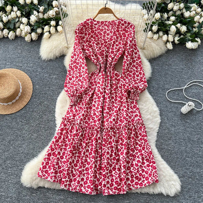Chic vintage lantern sleeve print long sleeve slim Fairy korean fashion dress women clothing dress